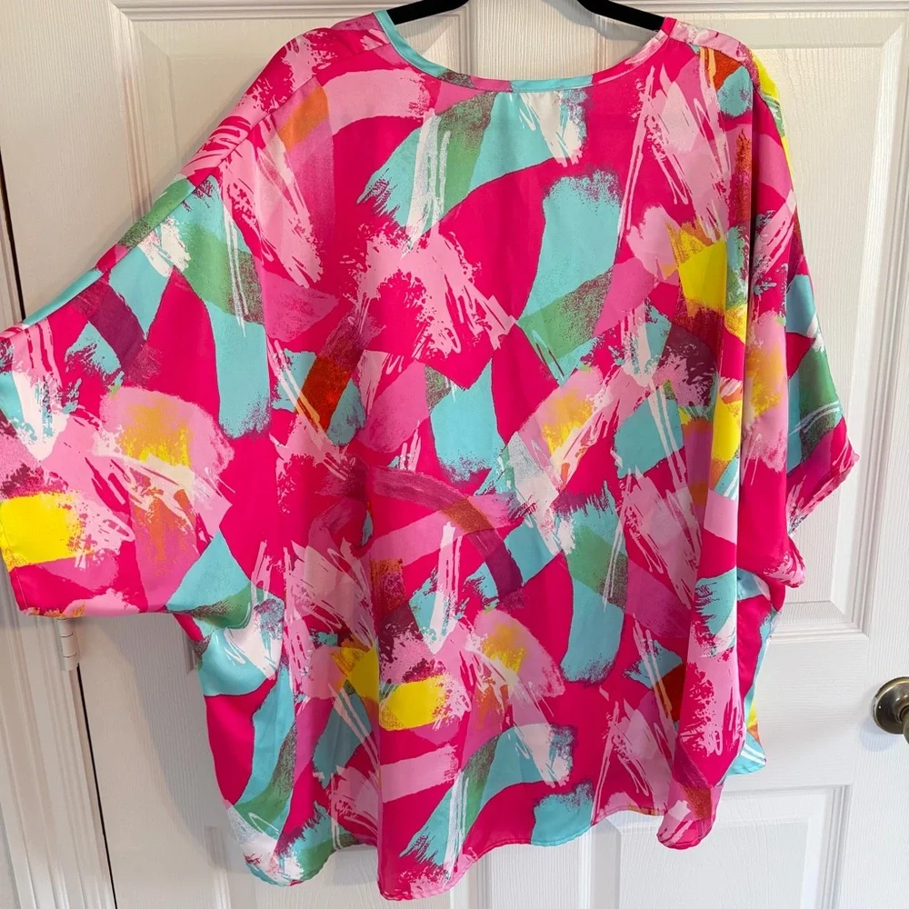 Adrienne Abstract Paint Print Dolman Sleeve Blouse Size M Bright Pink Teal - Picture 5 of 7